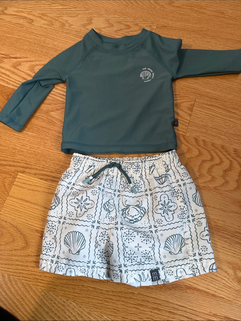 Kids Teal Long-Sleeve Rashguard Set with Shell-Print Swim Shorts
